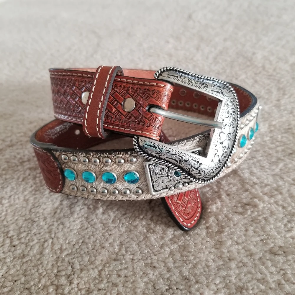 Nocona Kid's Rhinestone and Concho Leather Cow Hair Belt Size 22